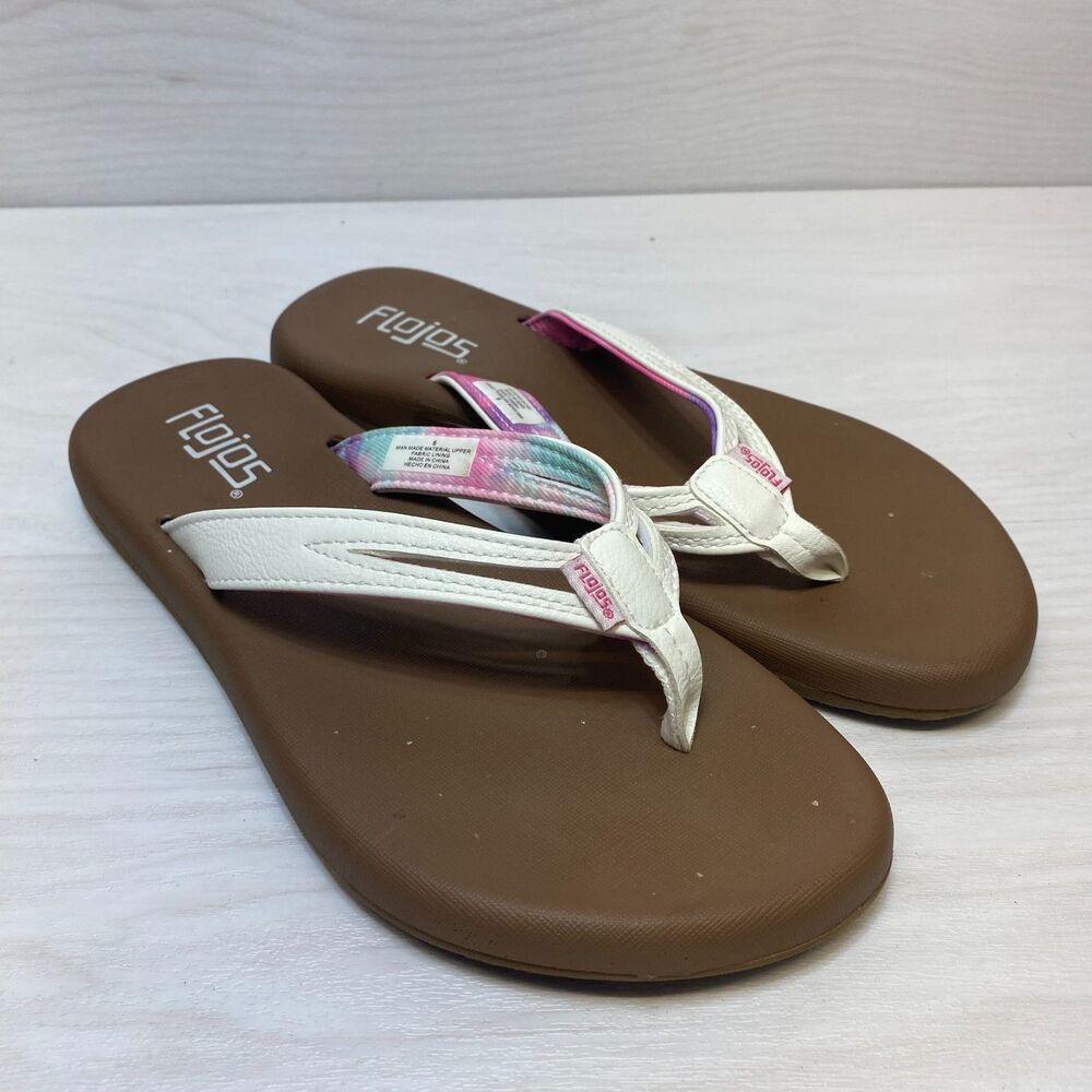 Flojos Fiesta Flip Flop Sandals Women's Size 6 White Walking Comfort Casual